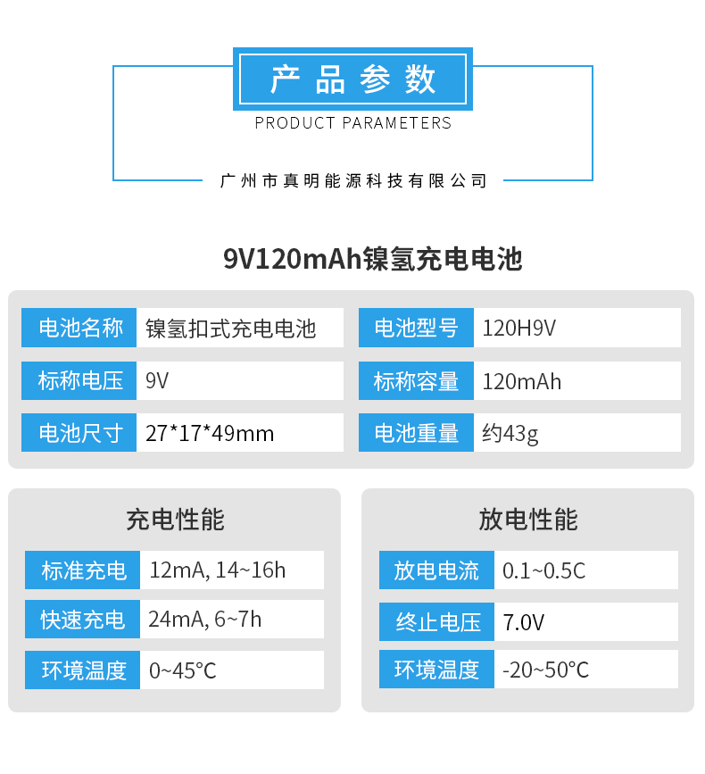 9V120H镍氢纽扣充电电池参数